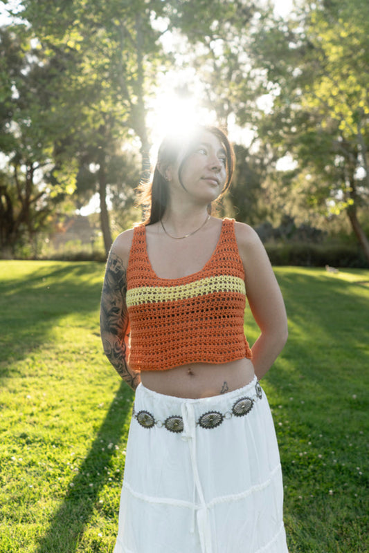 orange and yellow crochet lace tank handmade with silk and wool