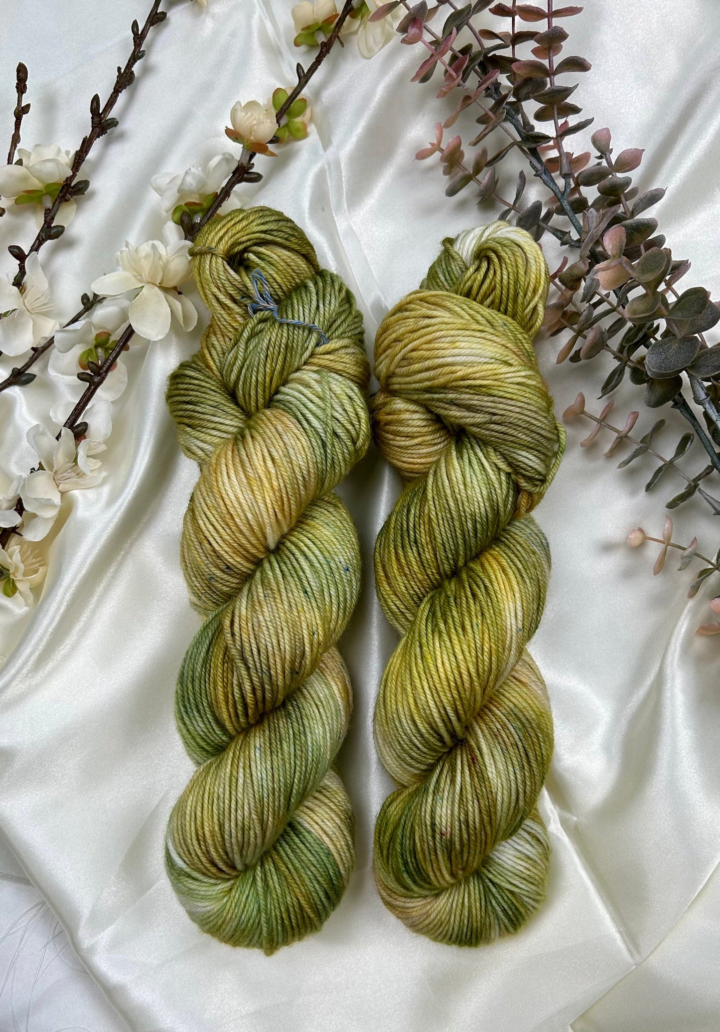 custom moss green, lichen, pastel gold, and sepia brown variegated hand dyed yarn on superwash merino dk weight