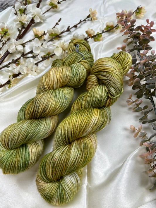 custom moss green, lichen, pastel gold, and sepia brown variegated hand dyed yarn on superwash merino dk weight