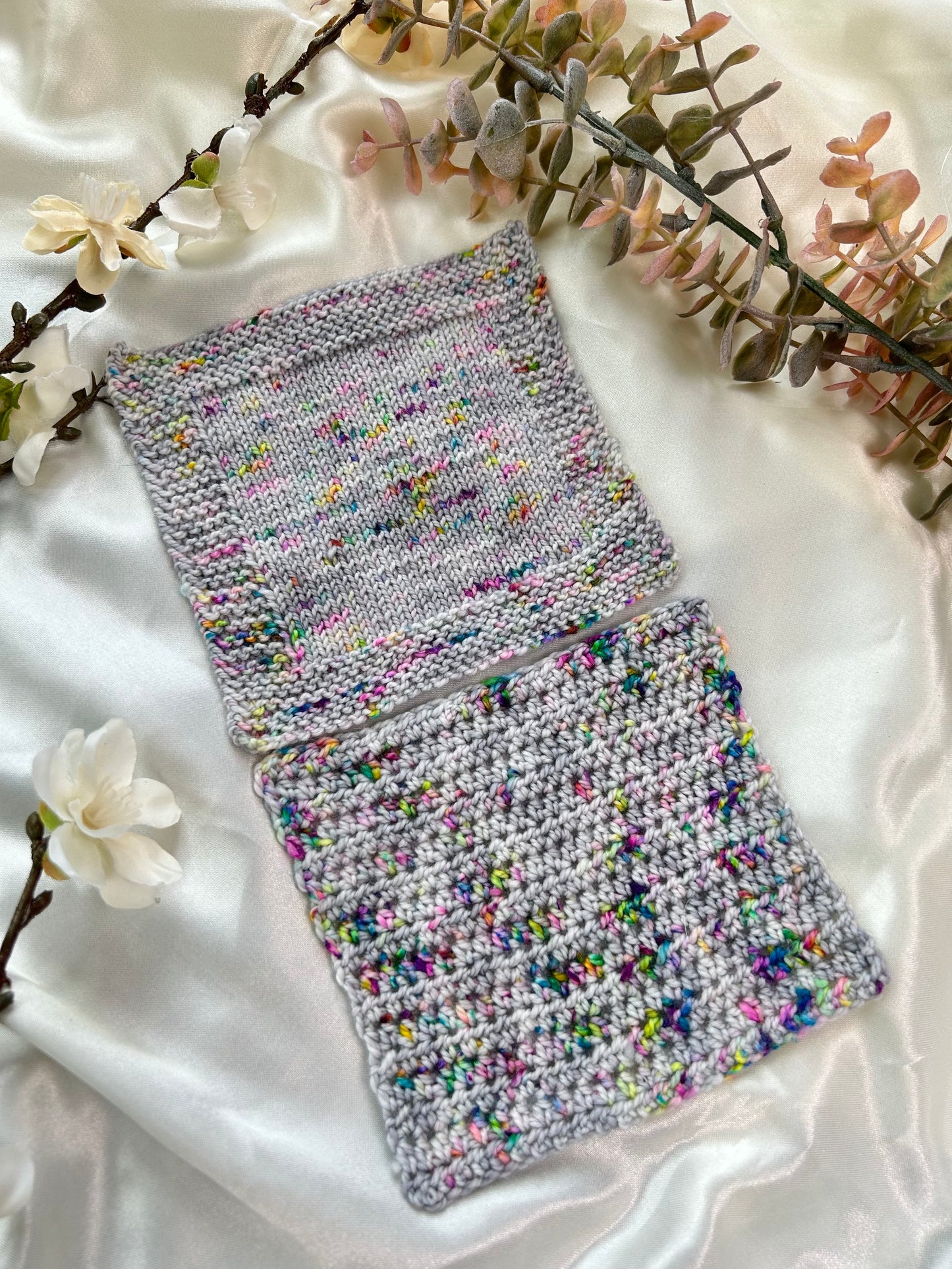 knit and crochet swatch of intrusive thoughts hand dyed yarn with neon speckles