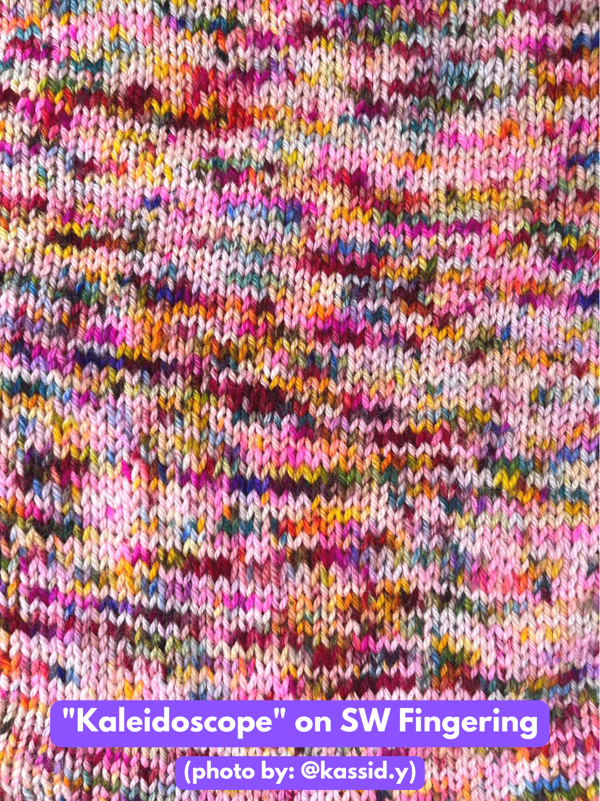 kaleidoscope hand dyed yarn knit swatch on superwash merino fingering weight