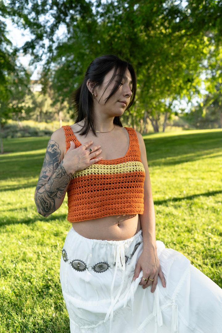 orange and yellow crochet lace tank handmade with silk and wool