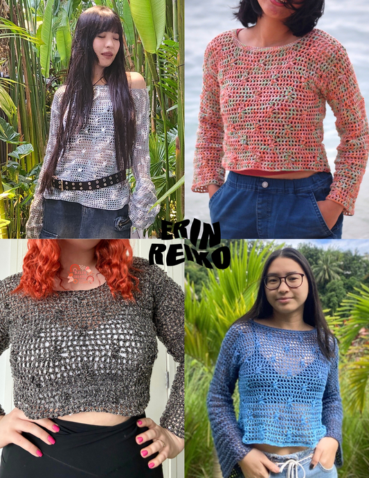 4 unique handmade crochet tops using a 3D flower stitch and mesh technique