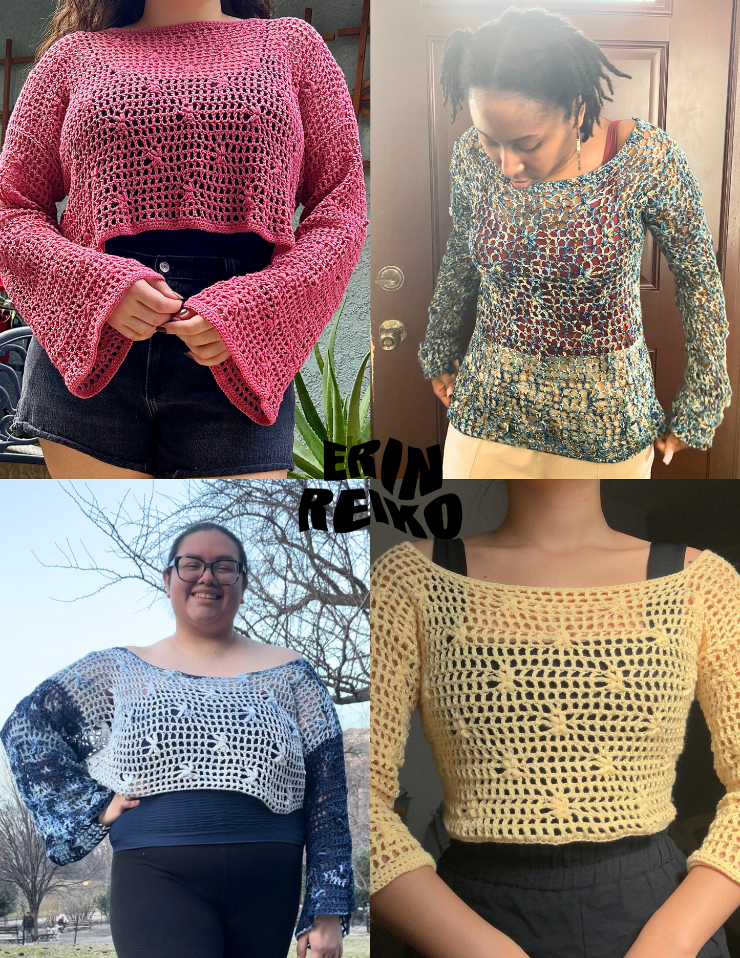 4 unique handmade crochet tops using a 3D flower stitch and mesh technique
