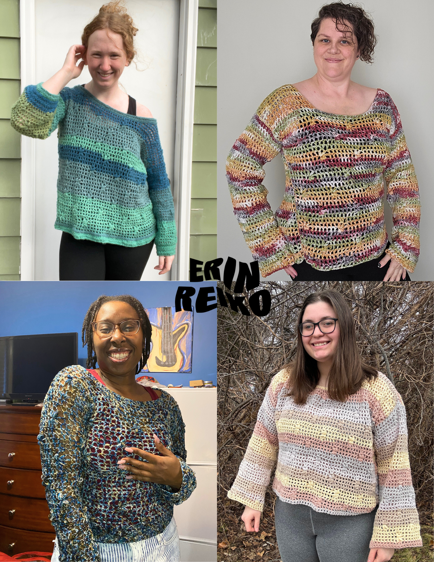 4 unique handmade crochet tops using a 3D flower stitch and mesh technique