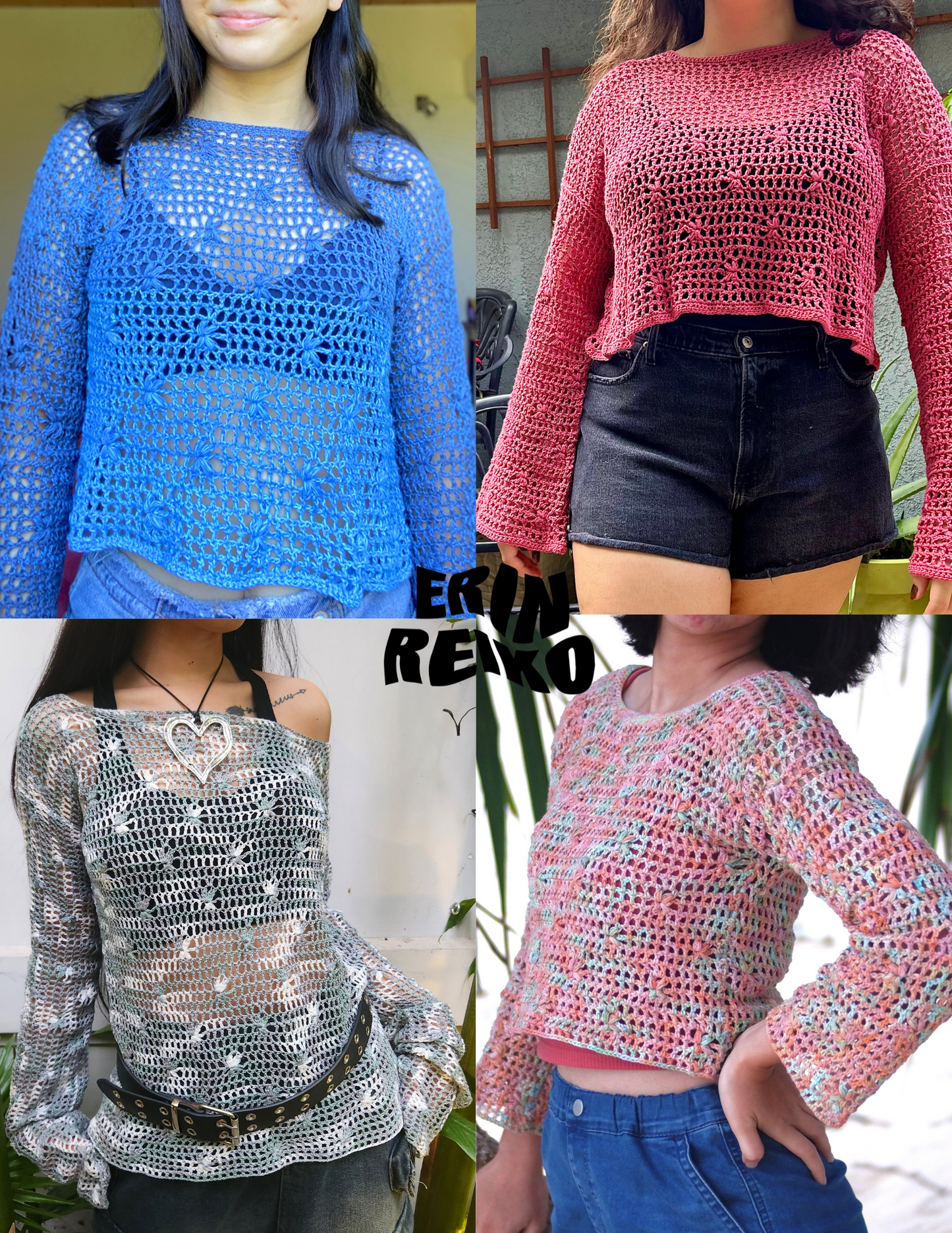 4 unique handmade crochet tops using a 3D flower stitch and mesh technique