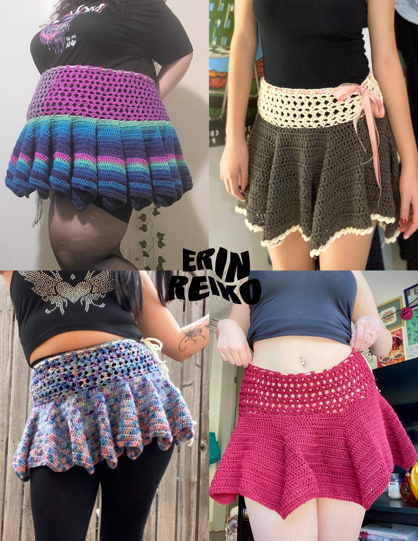 4 unique crochet ruffle skirts, each with their own colorways and lengths