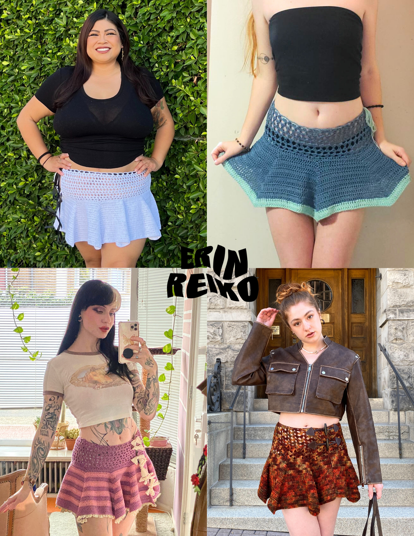 4 unique crochet ruffle skirts, each with their own colorways and lengths