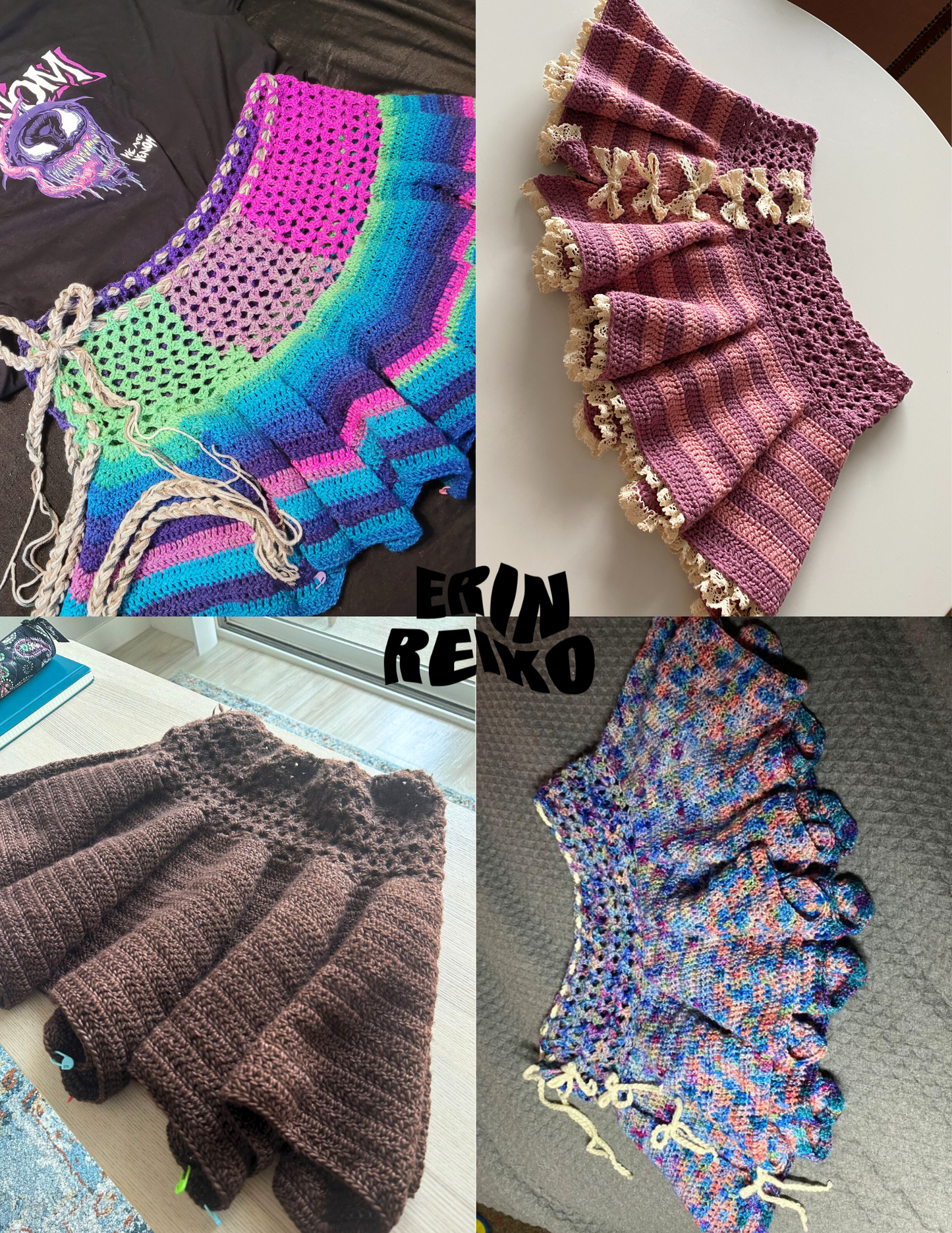 4 unique crochet ruffle skirts, each with their own colorways and lengths