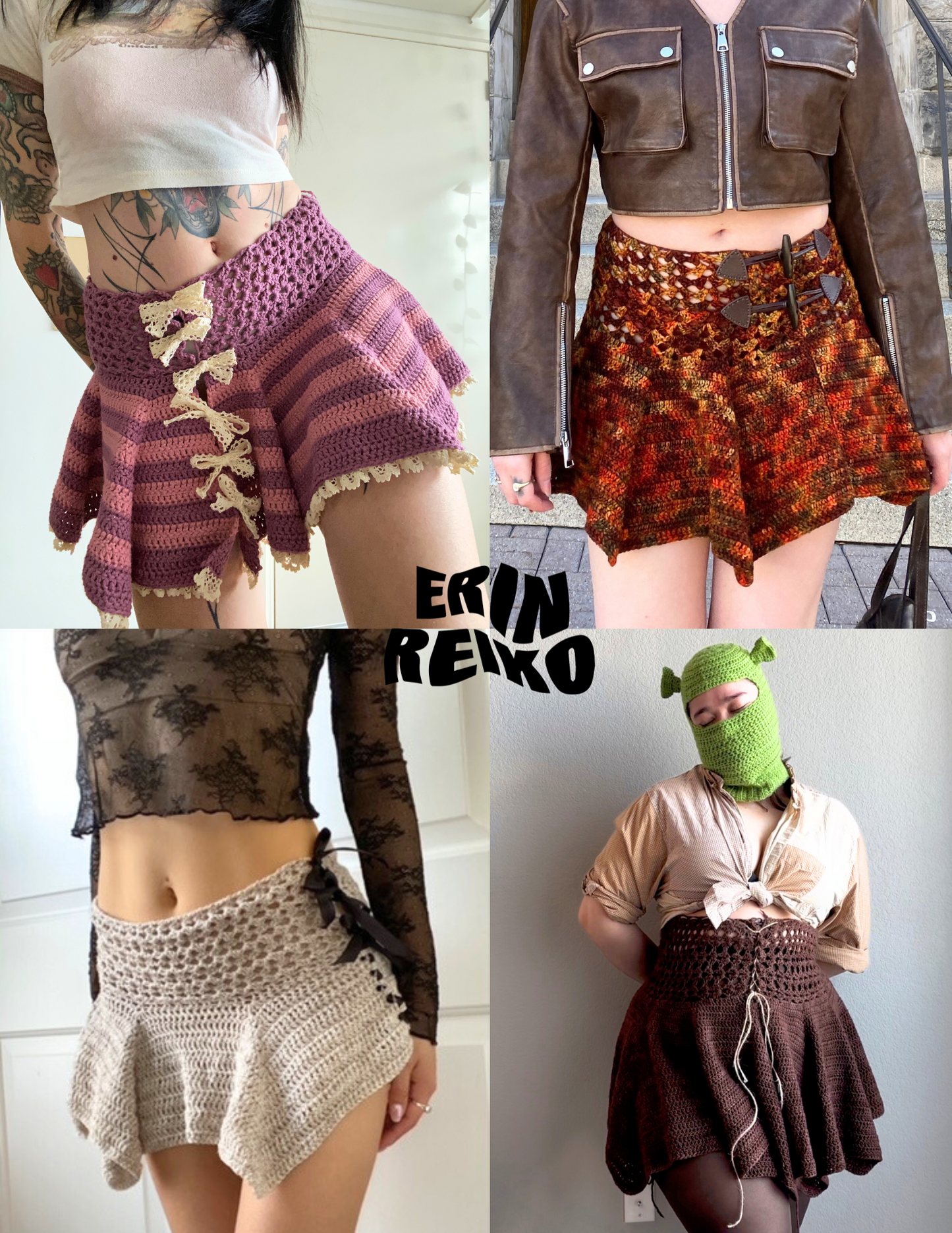 4 unique crochet ruffle skirts, each with their own colorways and lengths
