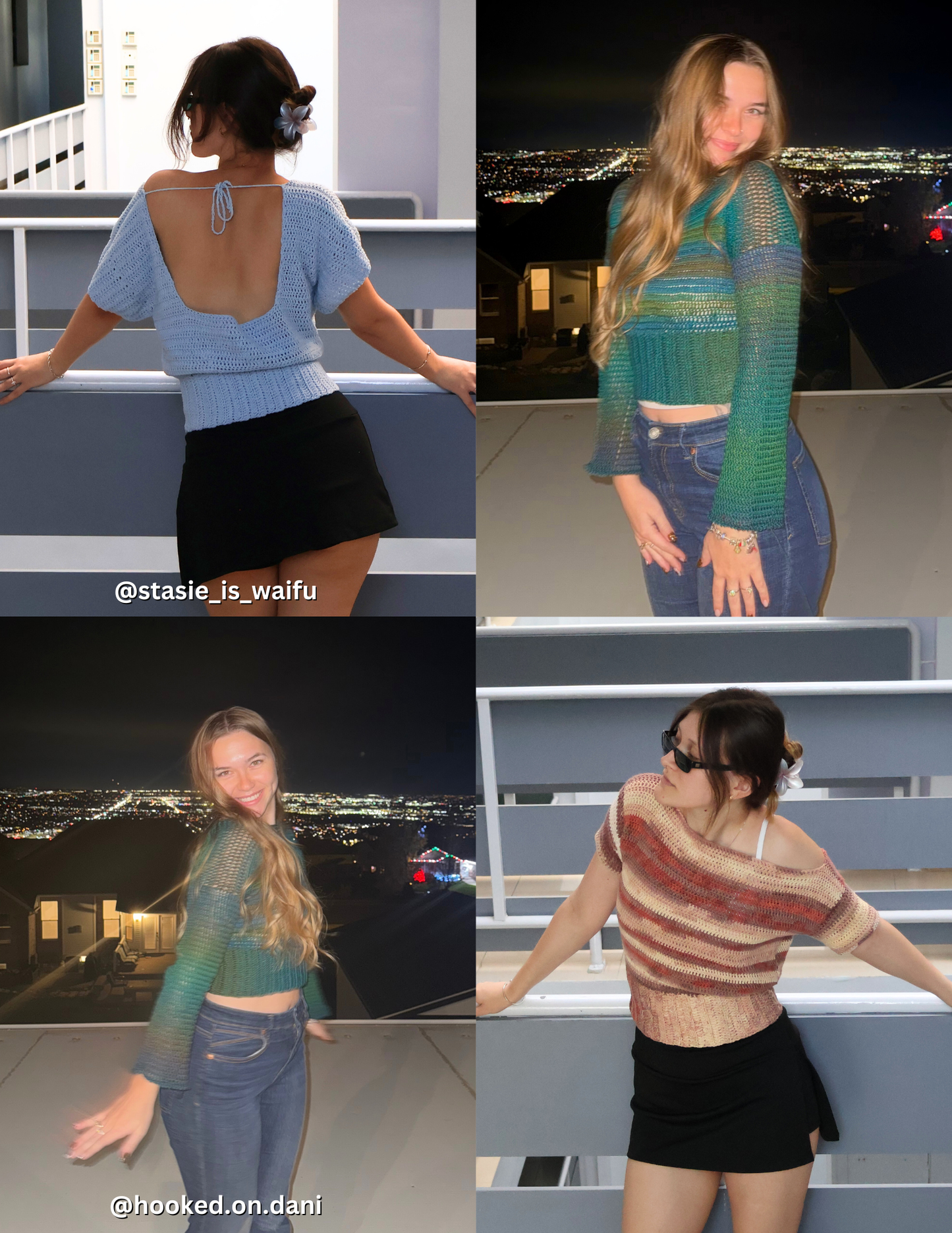 collage of 2 women wearing different versions of their crochet slouchy blouse