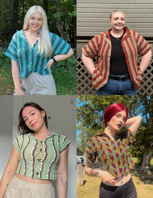 4 different colorful versions of the unisex button down crochet top pattern