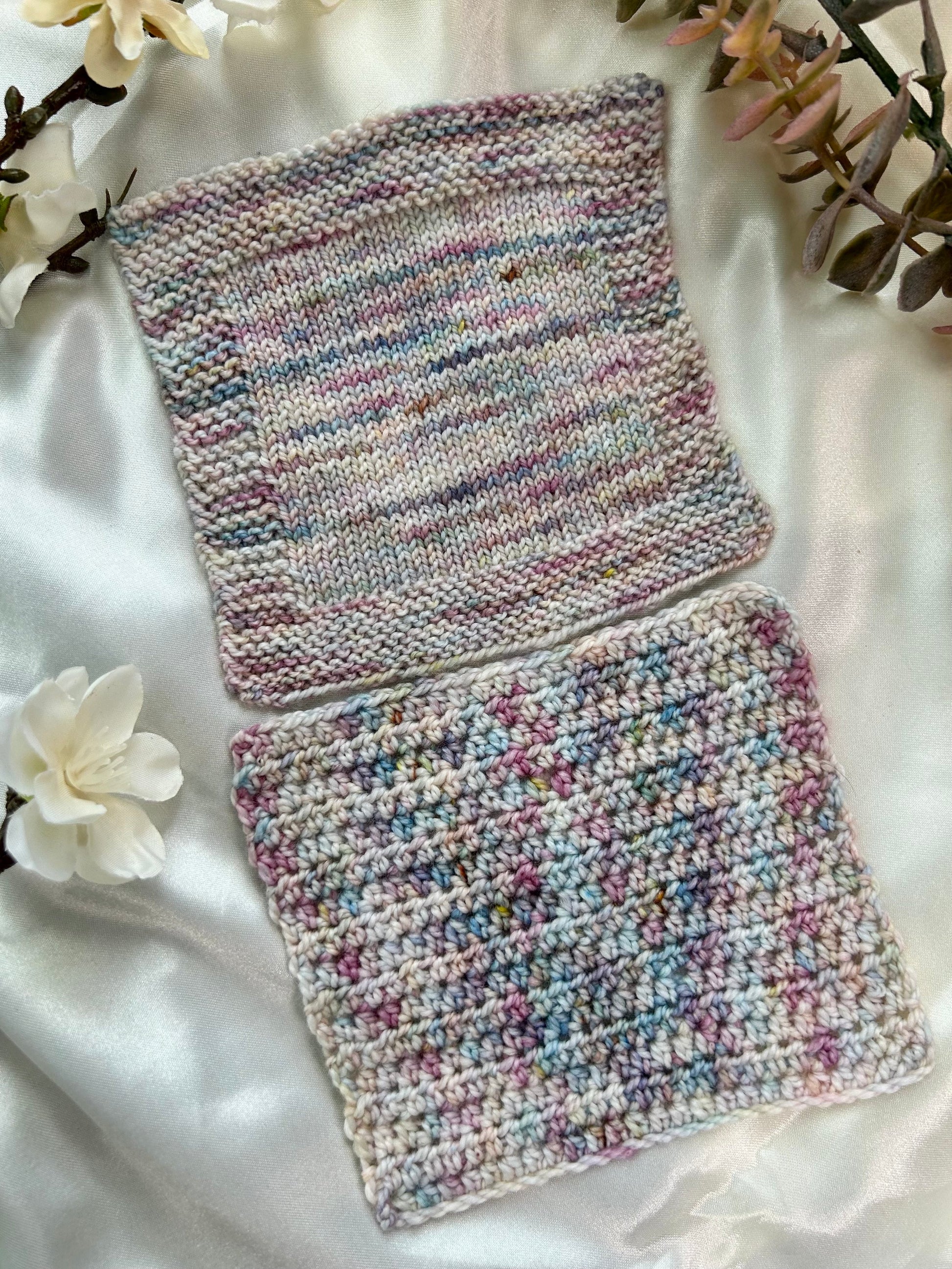 winter wisps knit swatch and crochet swatch