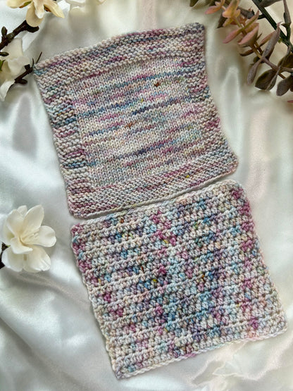 winter wisps knit swatch and crochet swatch
