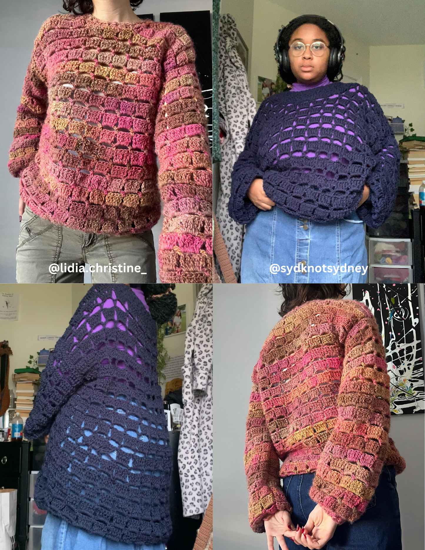 a blue & multicolored crochet sweater in the grandpa sweater design