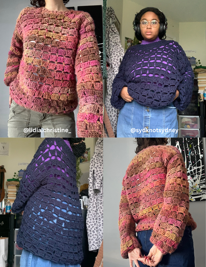 a blue & multicolored crochet sweater in the grandpa sweater design