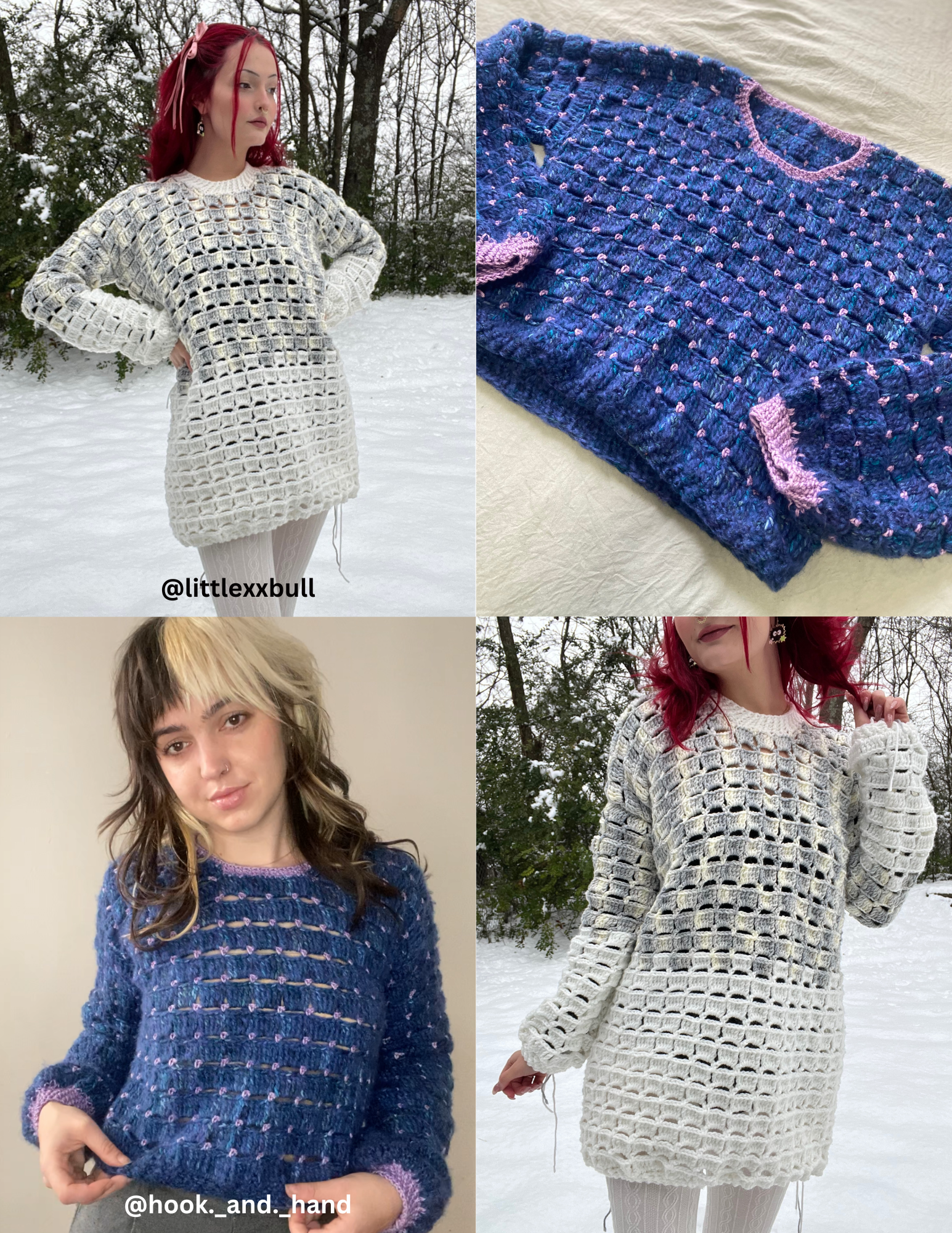 a white sweater dress & navy blue crochet sweater in the grandpa sweater design