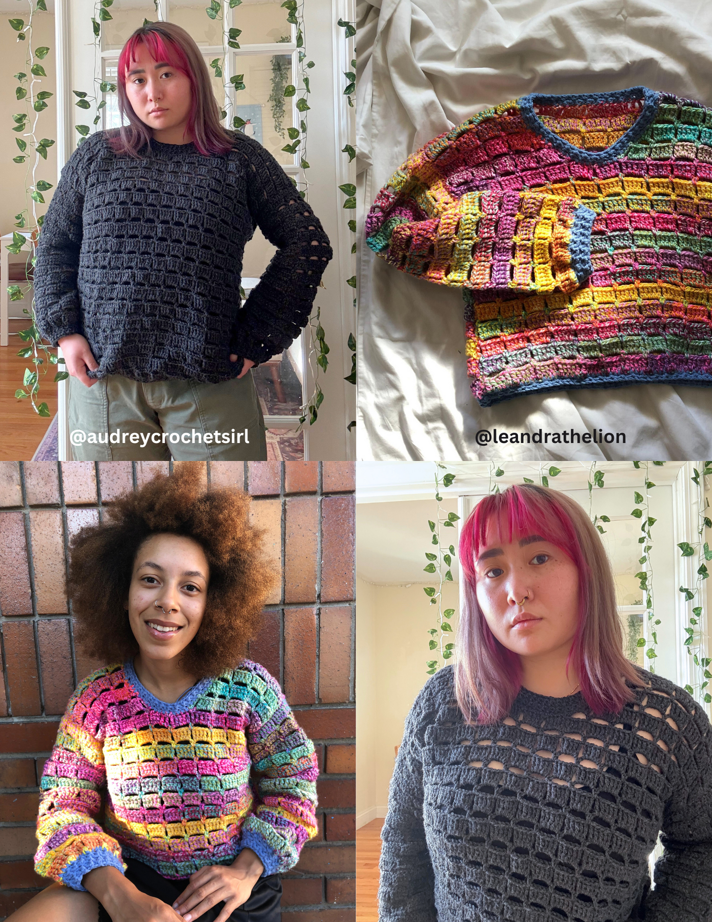 a black & multicolored crochet sweater in the grandpa sweater design