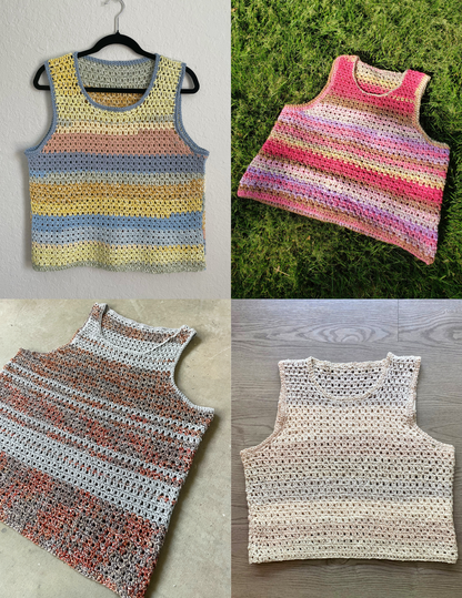 4 different multi-colored versions of the unisex crochet pattern