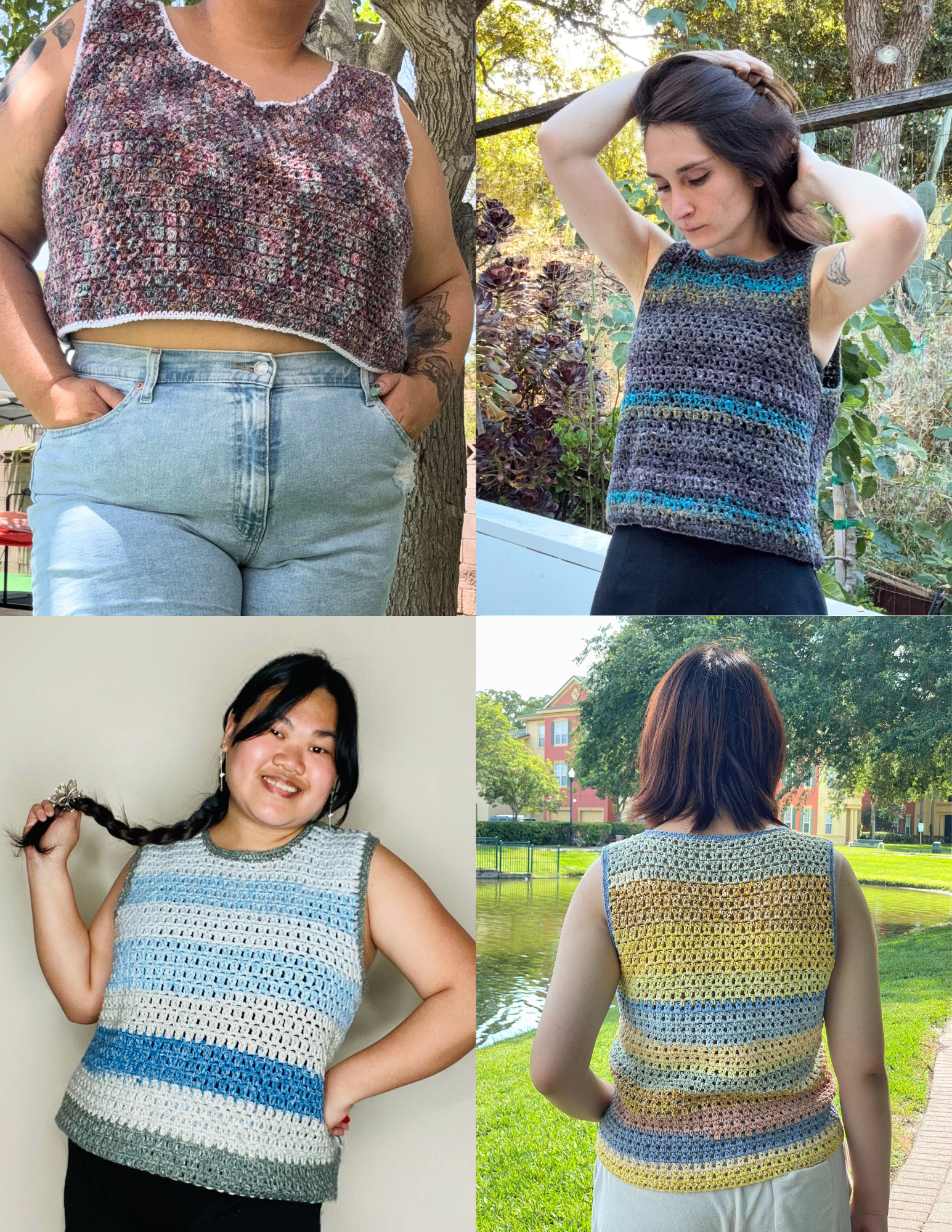 4 different multi-colored versions of the unisex crochet pattern