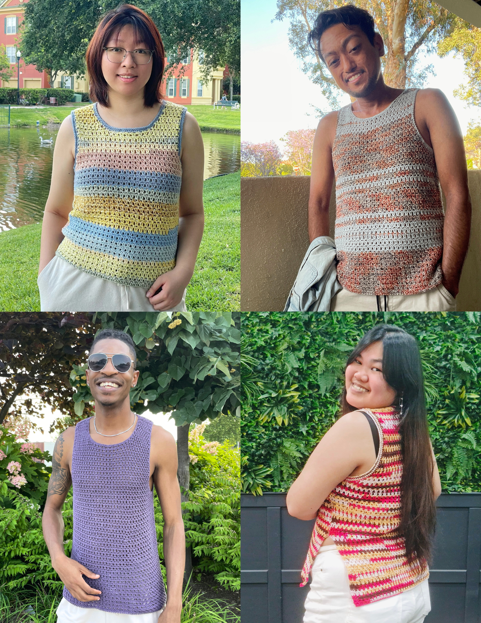 4 different multi-colored versions of the unisex crochet pattern