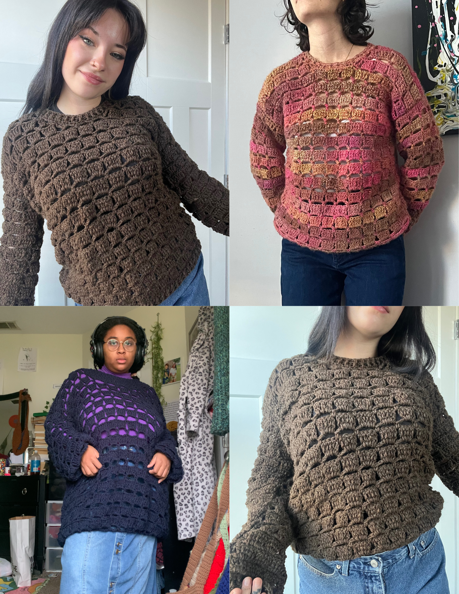 a brown sweater, a navy blue sweater dress & multi pink crochet sweater in the grandpa sweater design