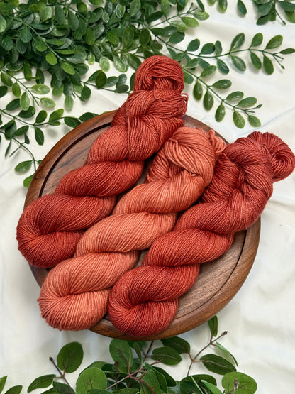 Three skeins of twisted yarn in warm rust, terracotta, and burnt orange shades, arranged on a round wooden tray with green foliage around it on a white fabric background.
