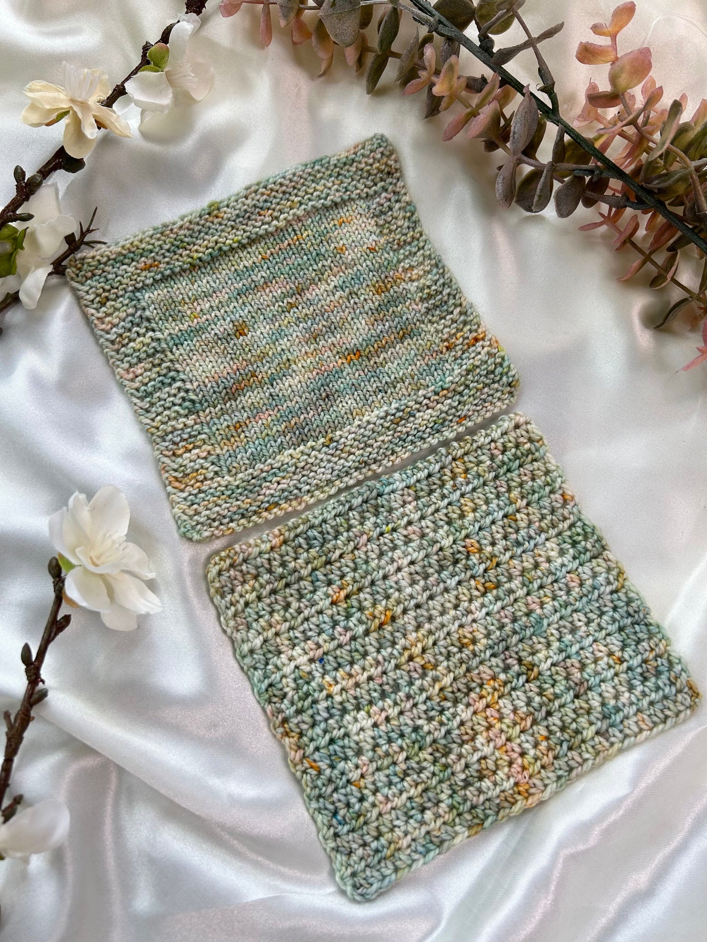 fairies breath hand dyed yarn crochet swatch and knit swatch on superwash nylon sockweight and dk weight