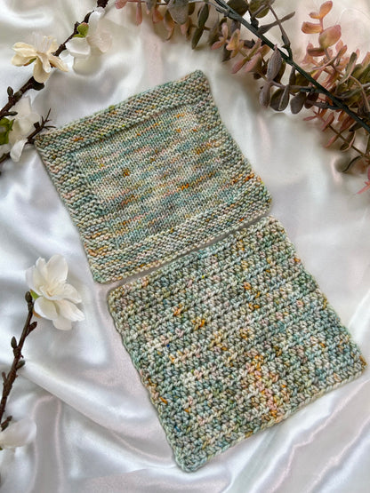 fairies breath hand dyed yarn crochet swatch and knit swatch on superwash nylon sockweight and dk weight