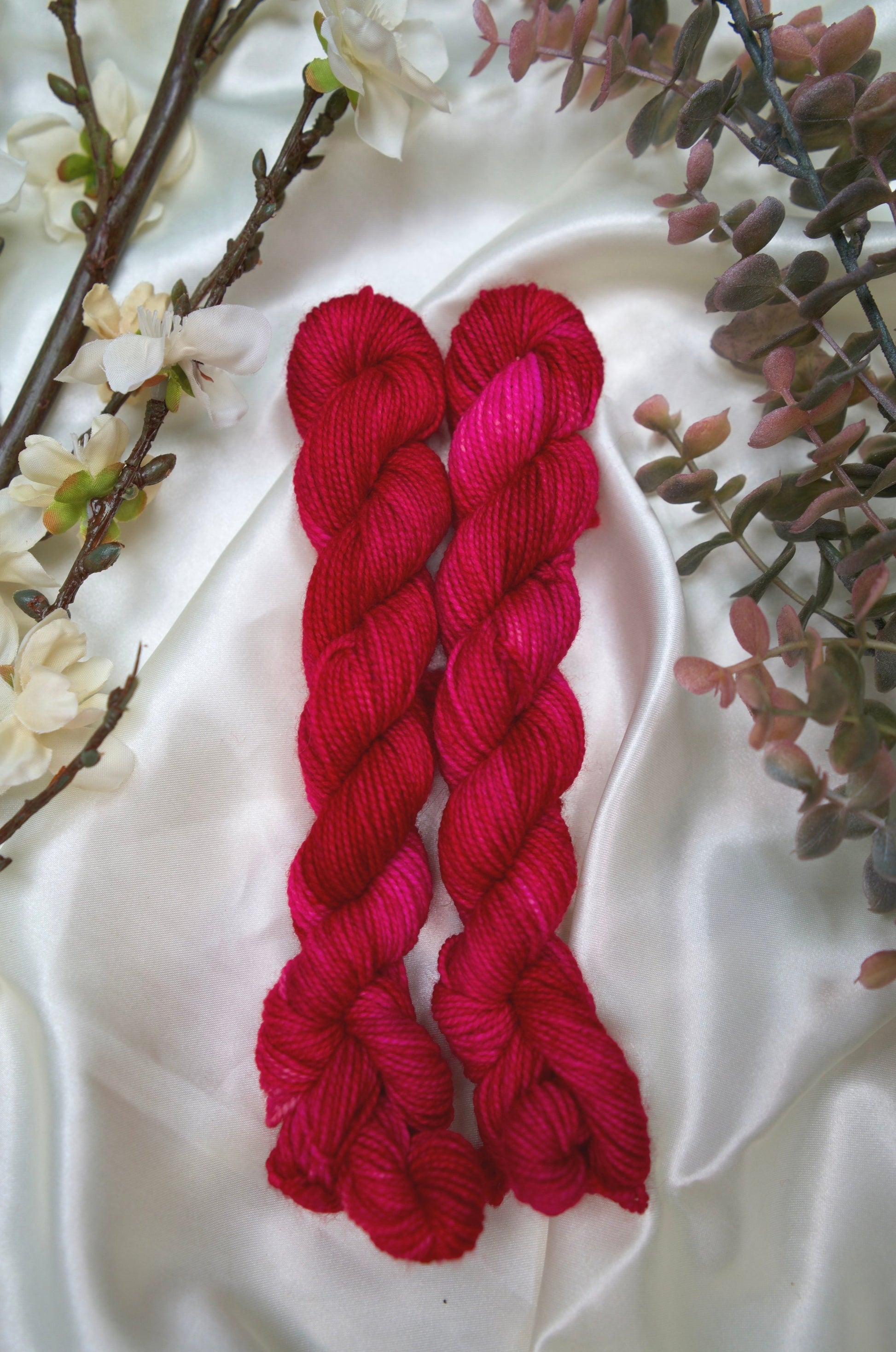 custom fuschia, pink and magenta semisolid hand dyed yarn on nylon superwash sock yarn