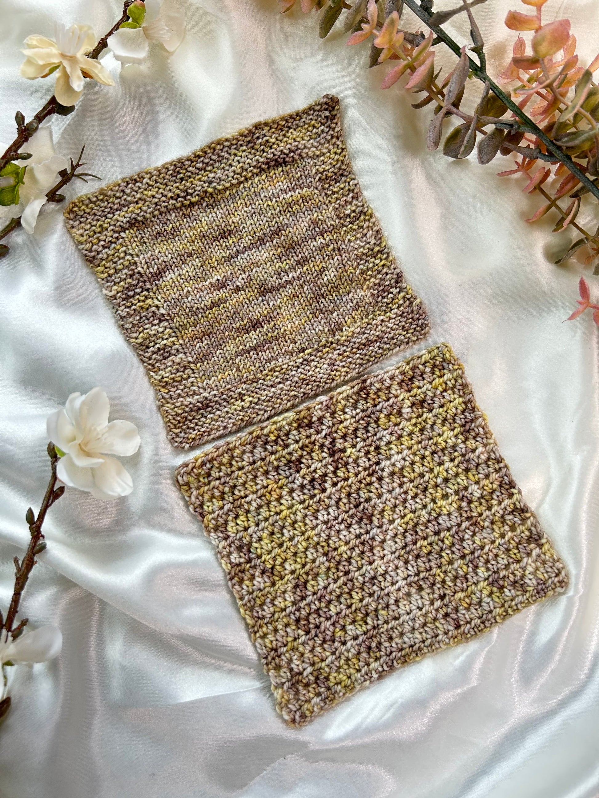 into the woods knit swatch and crochet swatch