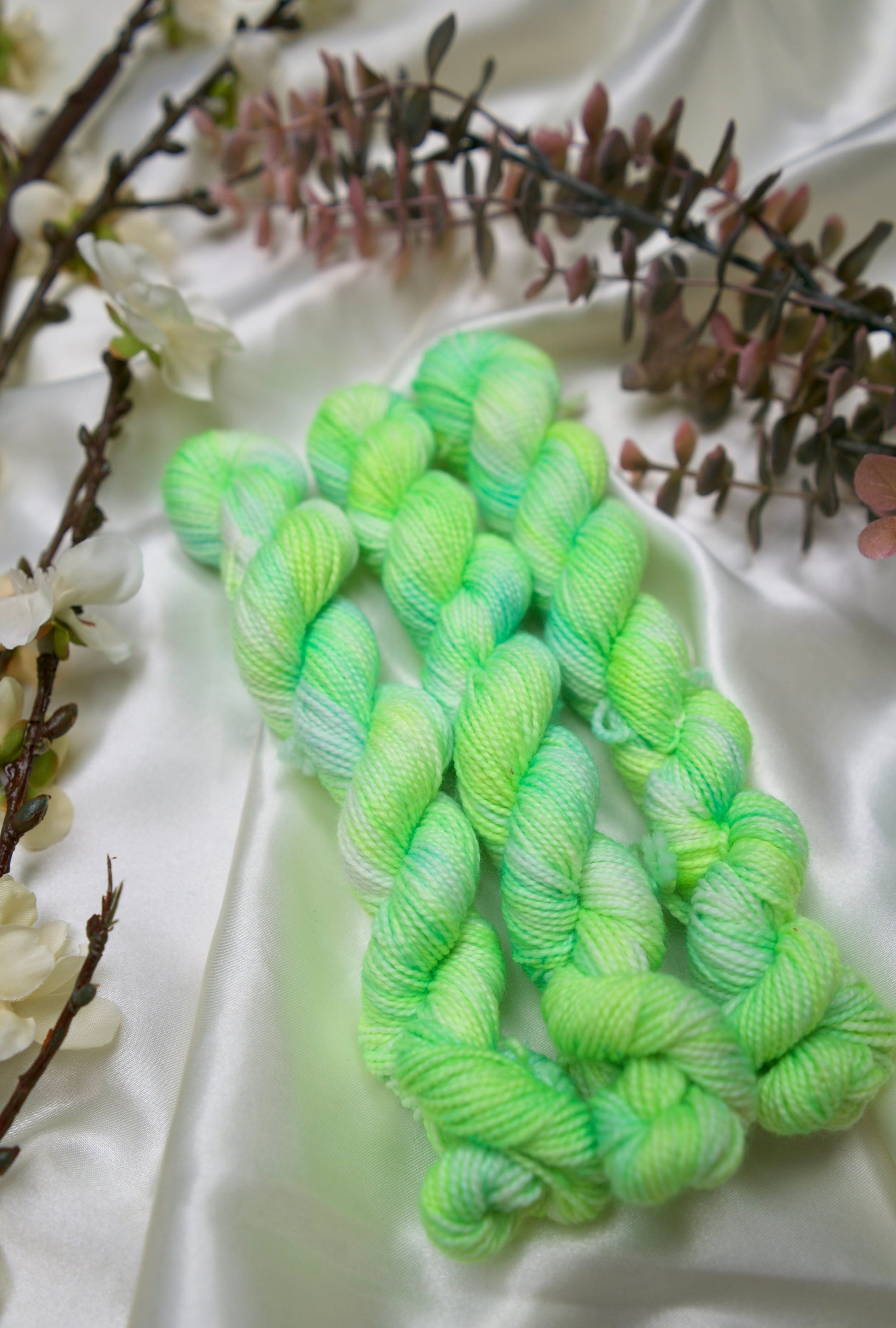 custom fluorescent green, blue and yellow semisolid hand dyed yarn on nylon superwash sock