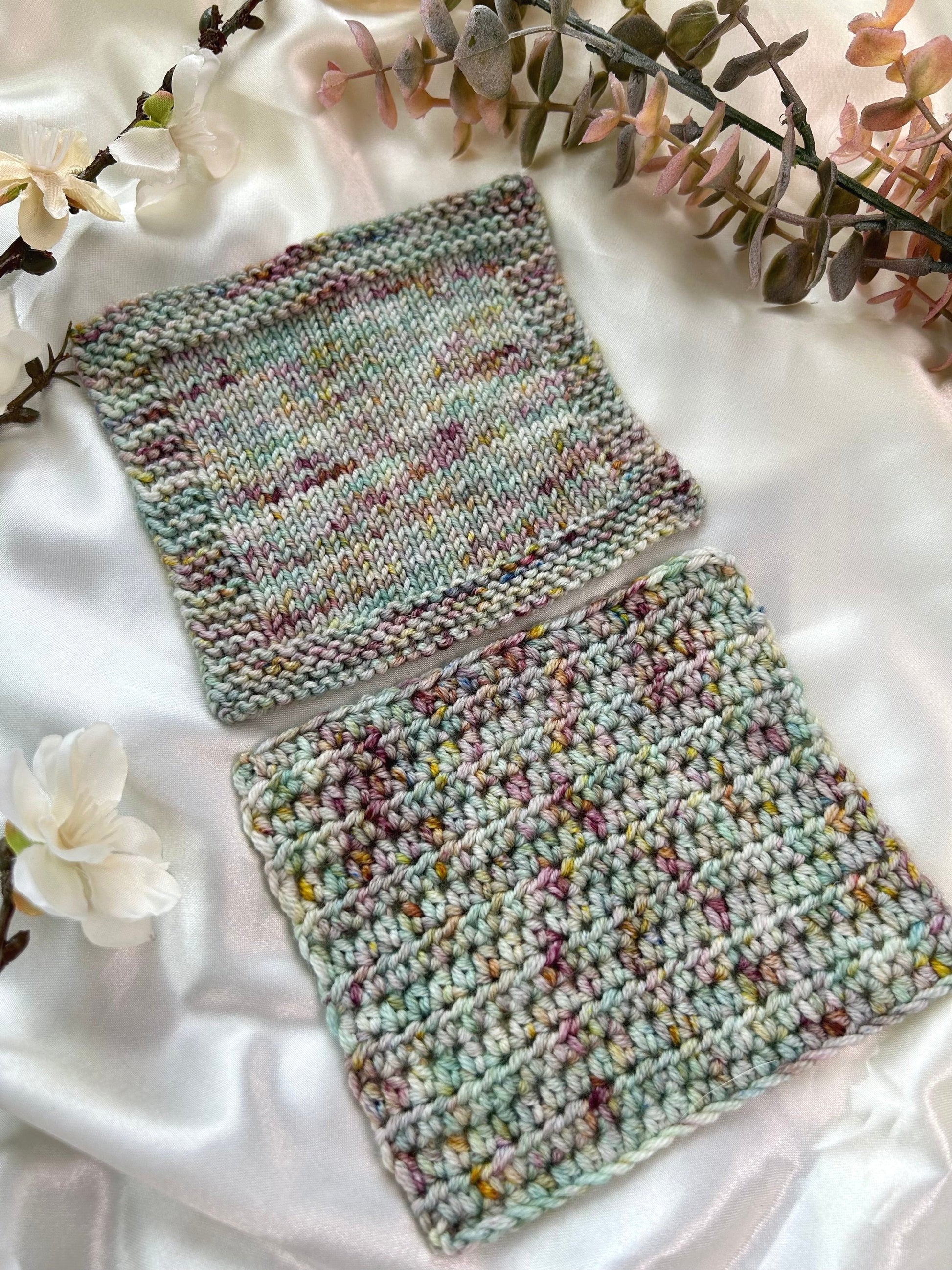 lotus pond hand dyed yarn knit swatch and crochet swatch on superwash nylon sock and dk weight