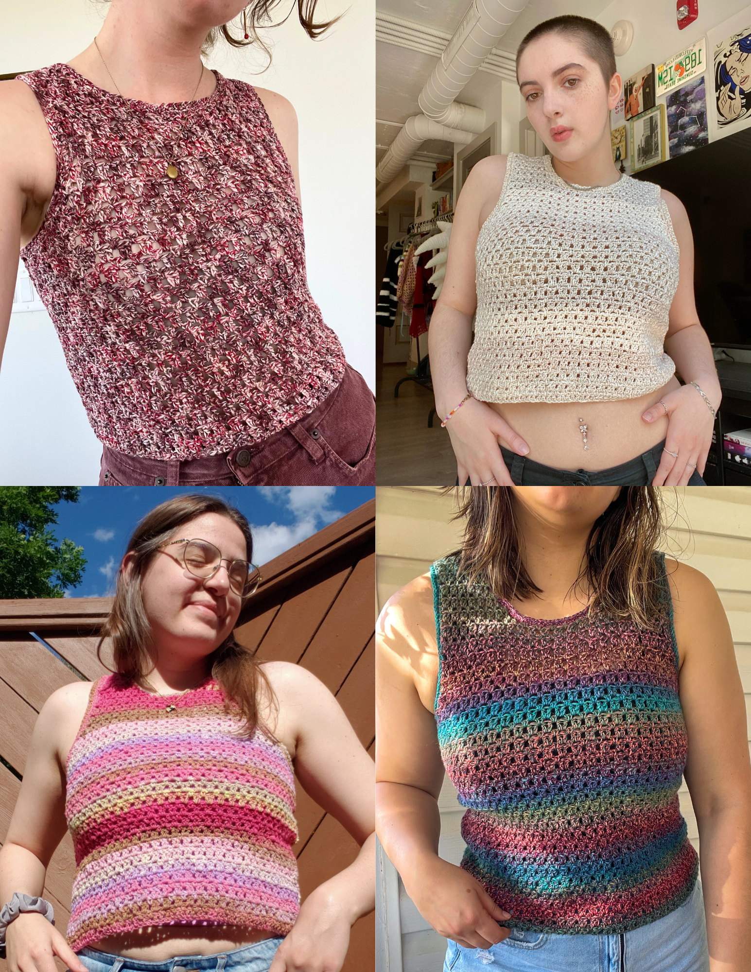 4 different multi-colored versions of the unisex crochet pattern