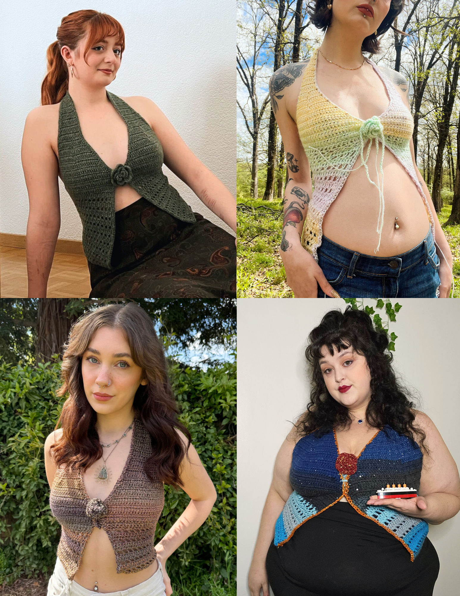 4 unique versions of a crochet halter top on beautiful models