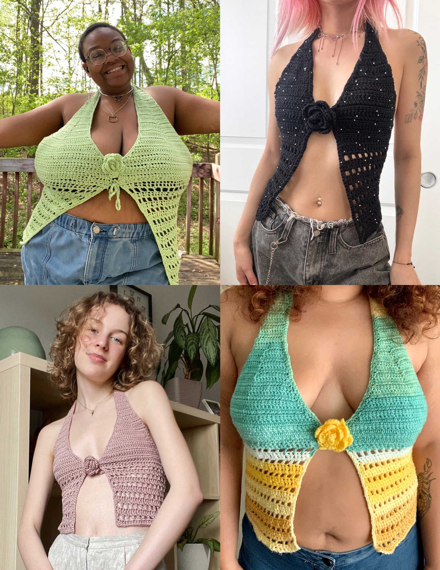 4 unique versions of a crochet halter top on beautiful models
