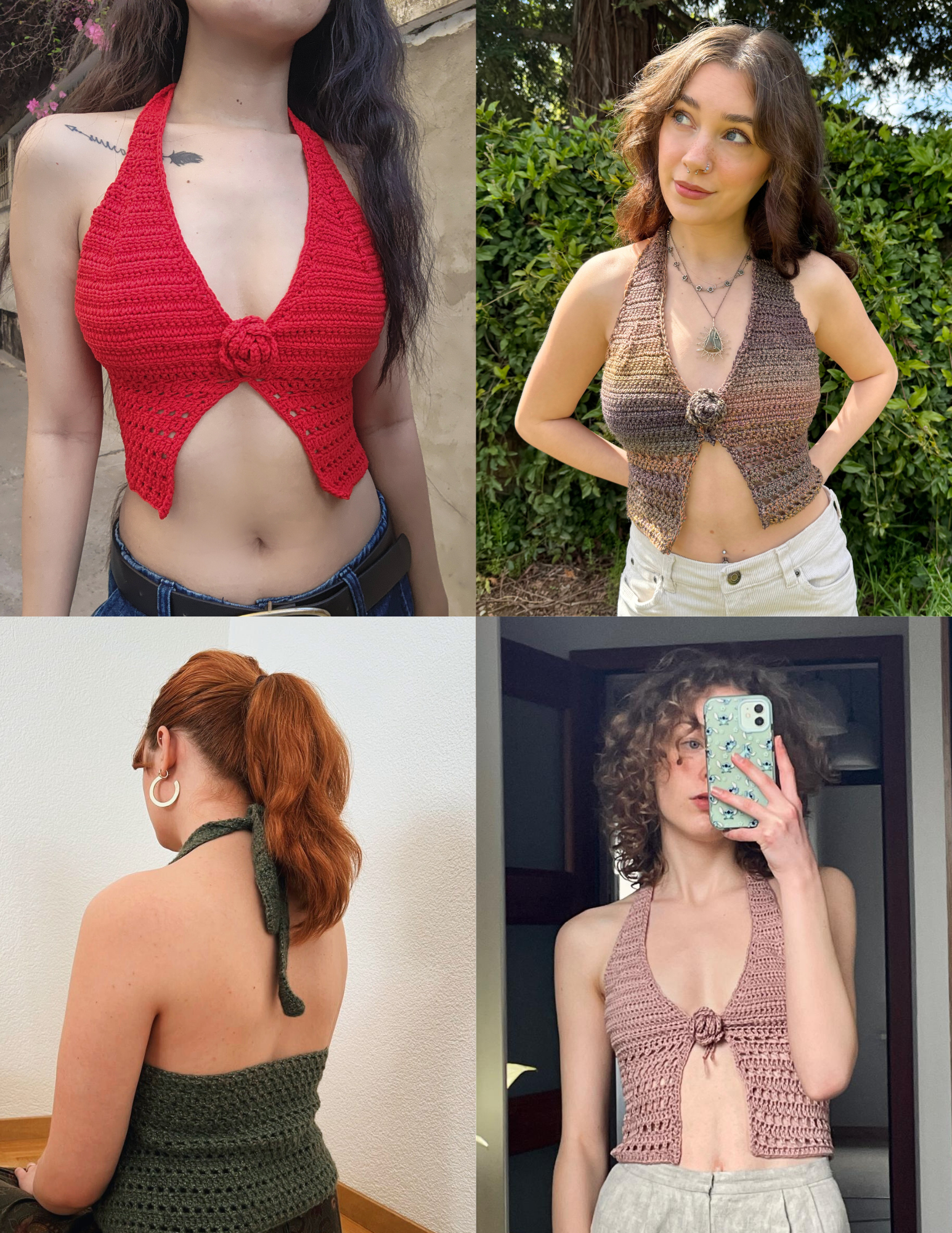 4 unique versions of a crochet halter top on beautiful models