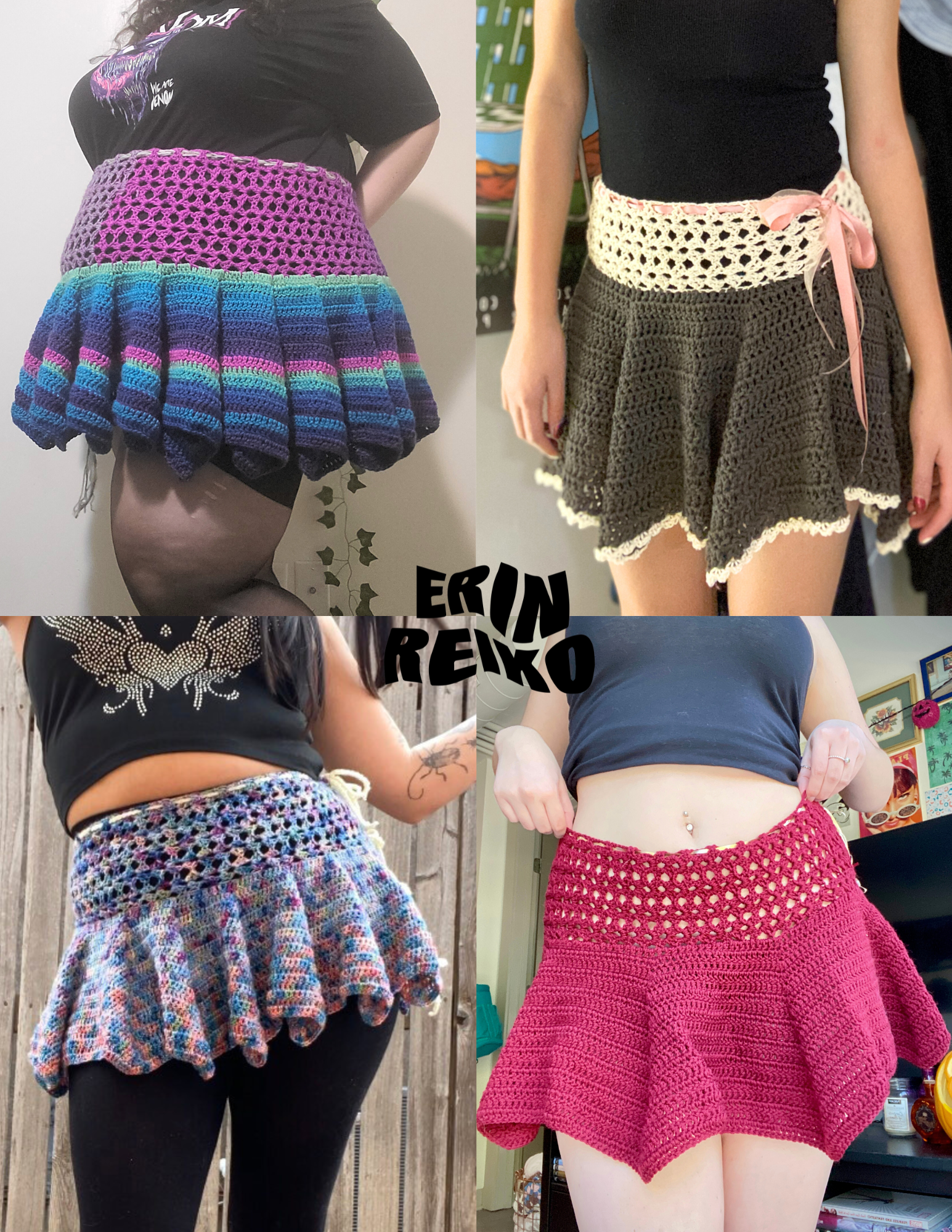 4 unique crochet ruffle skirts, each with their own colorways and lengths