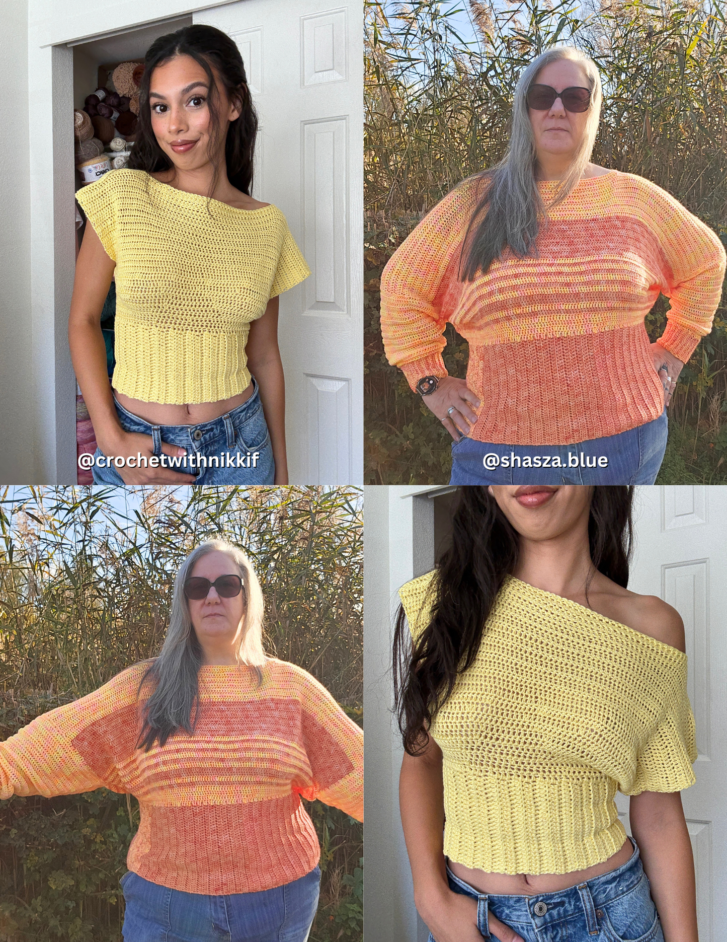 collage of 2 women wearing their crochet slouchy blouse