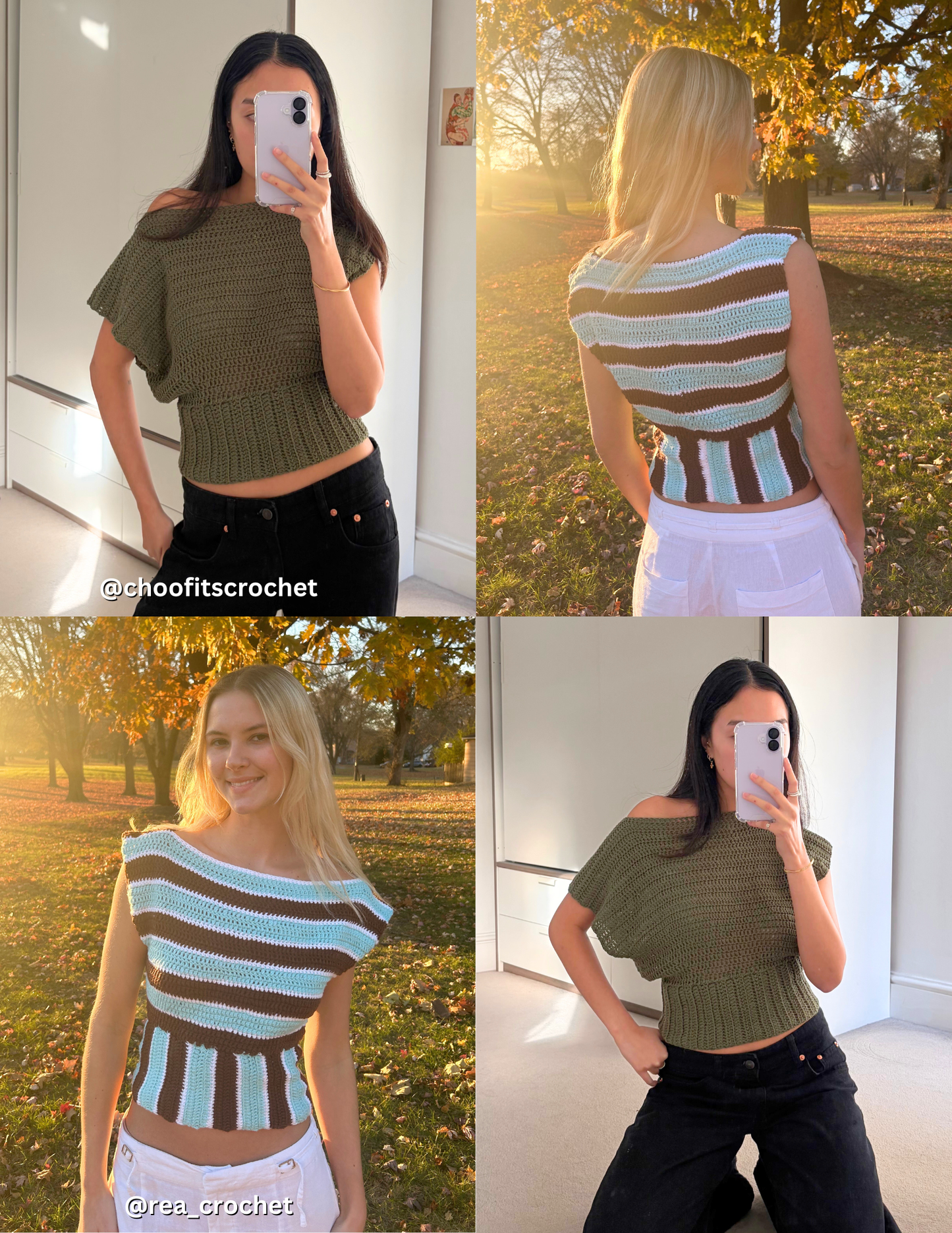 collage of 2 women modeling their crochet slouchy blouses