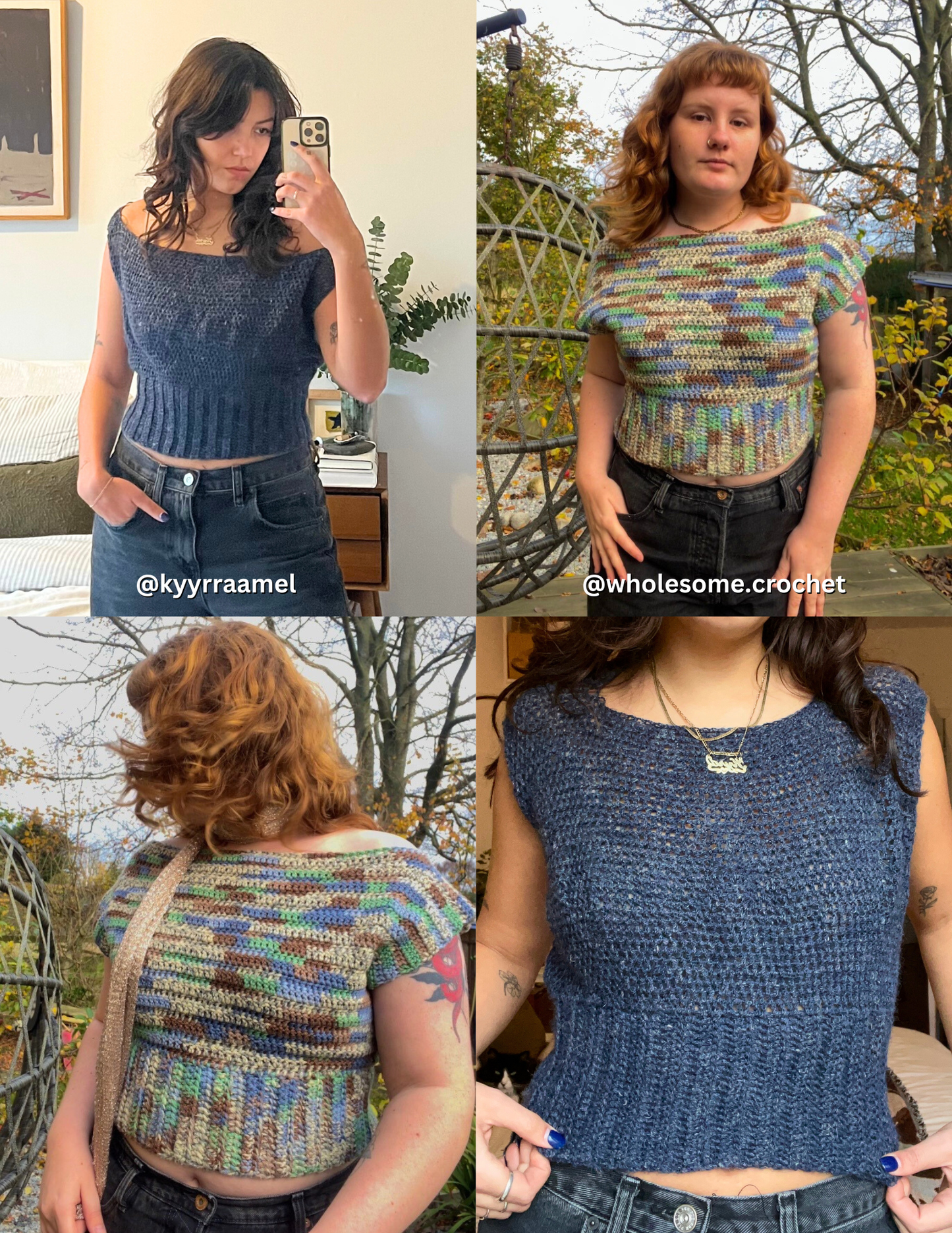 collage of 2 women wearing their crochet slouchy blouse patterns