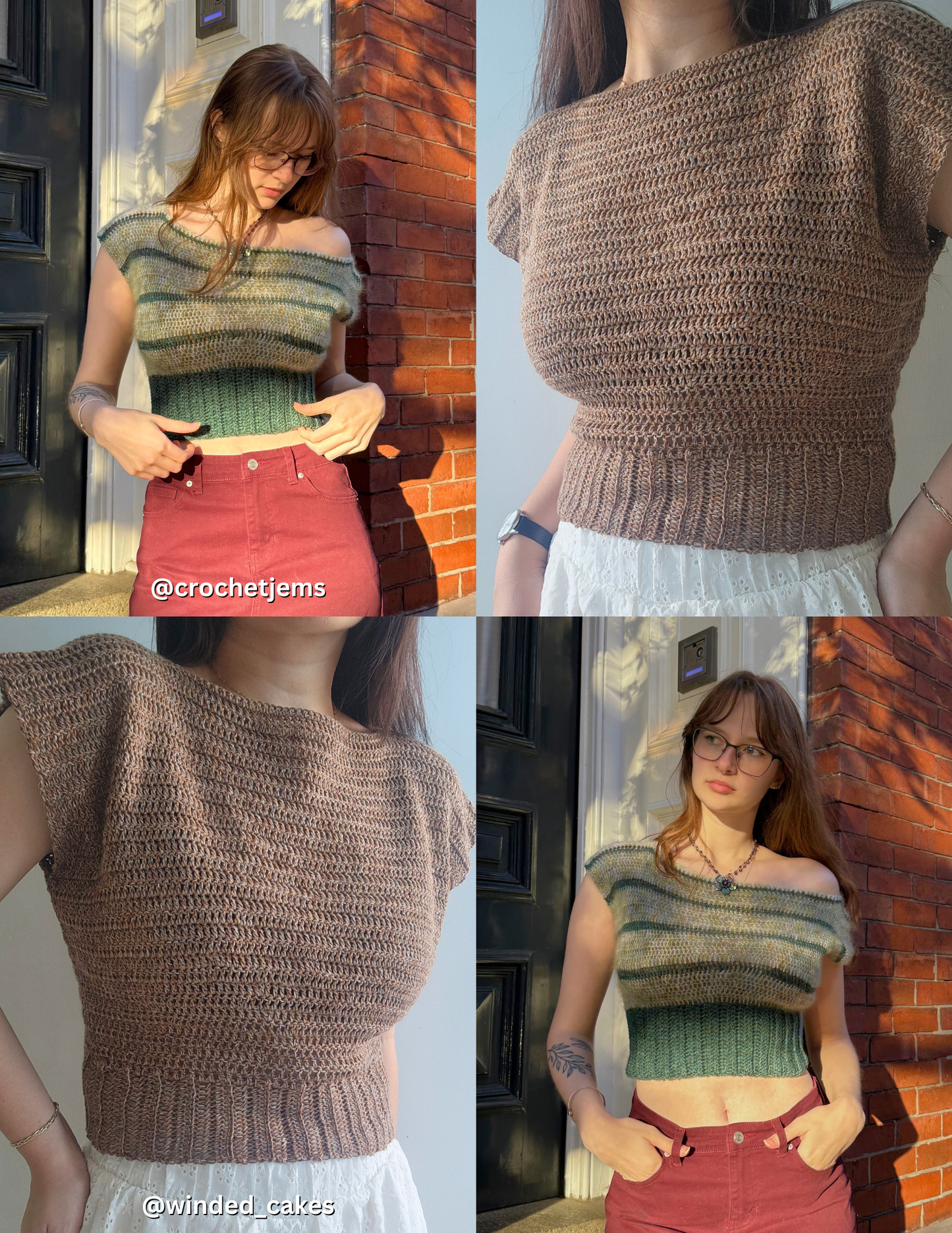 collage of 2 women wearing their crochet slouchy blouse tops