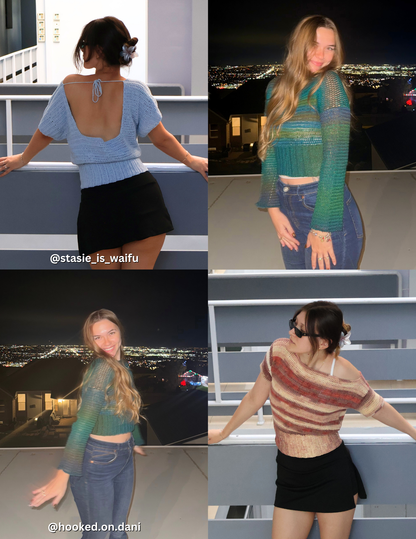collage of 2 women wearing different versions of their crochet slouchy blouse