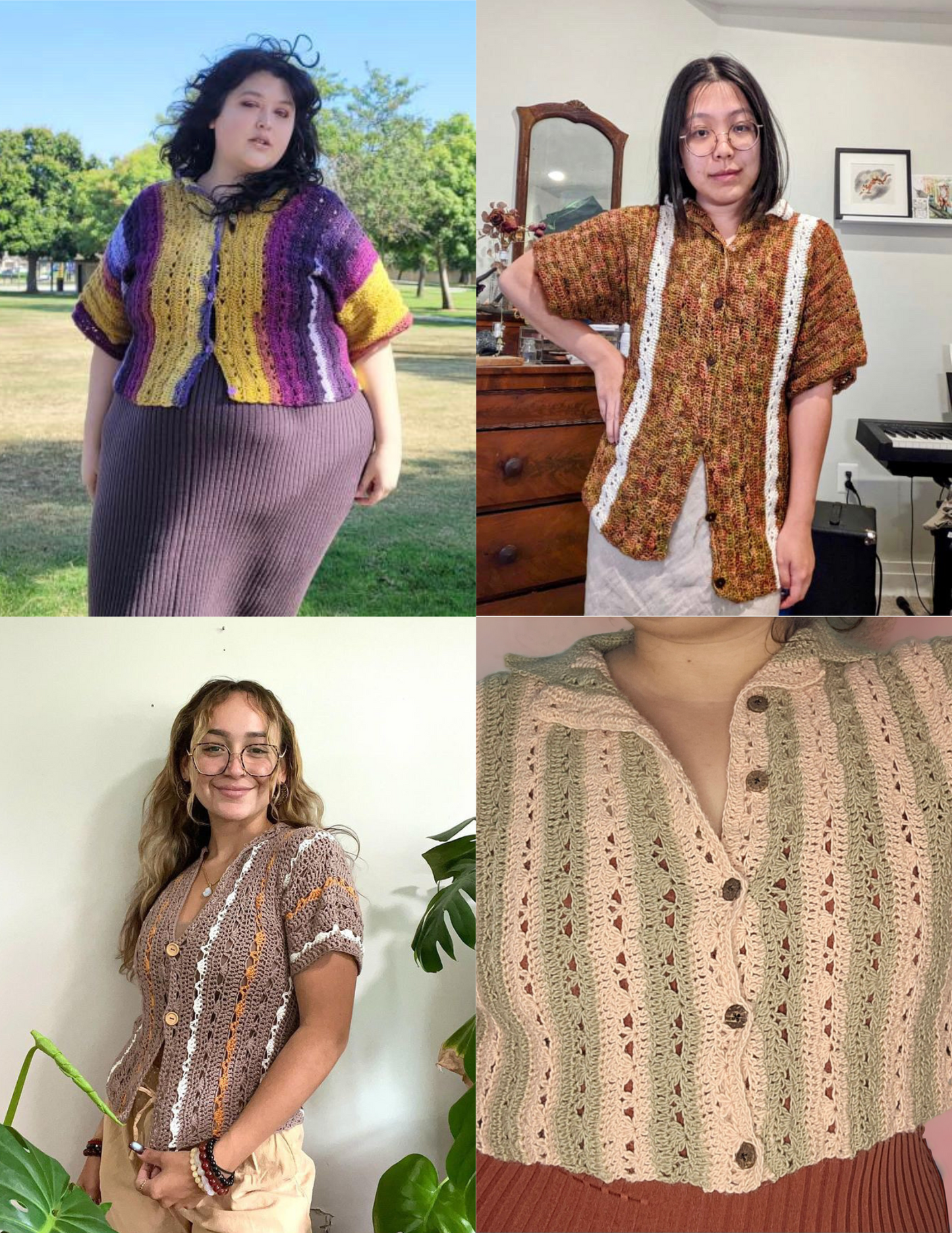 4 different colorful versions of the unisex button down crochet top pattern