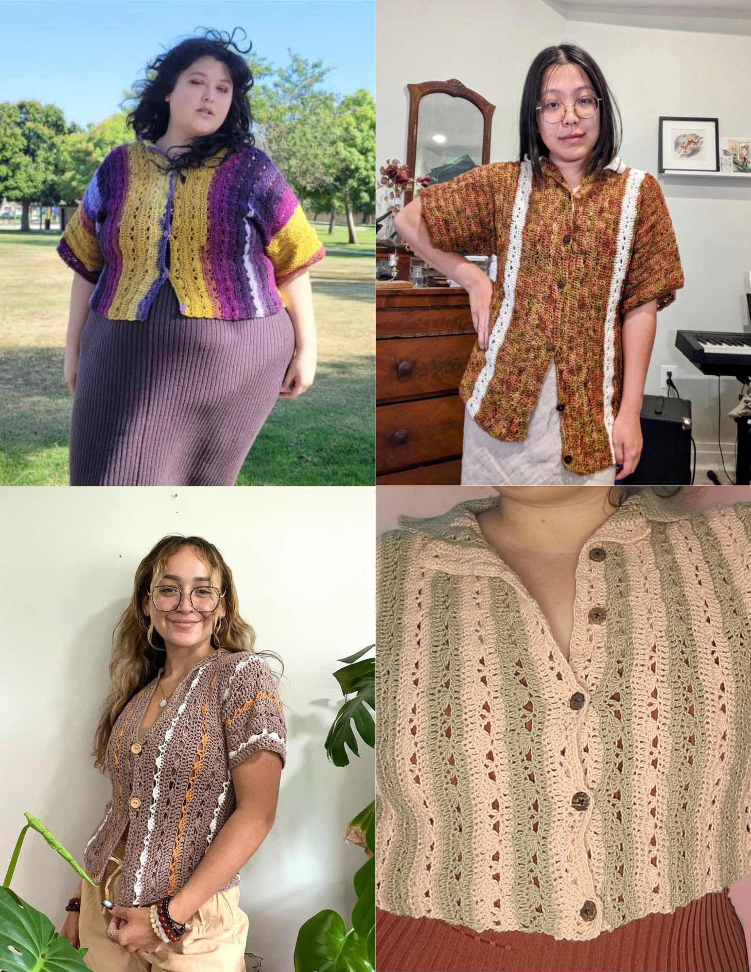 4 different colorful versions of the unisex button down crochet top pattern