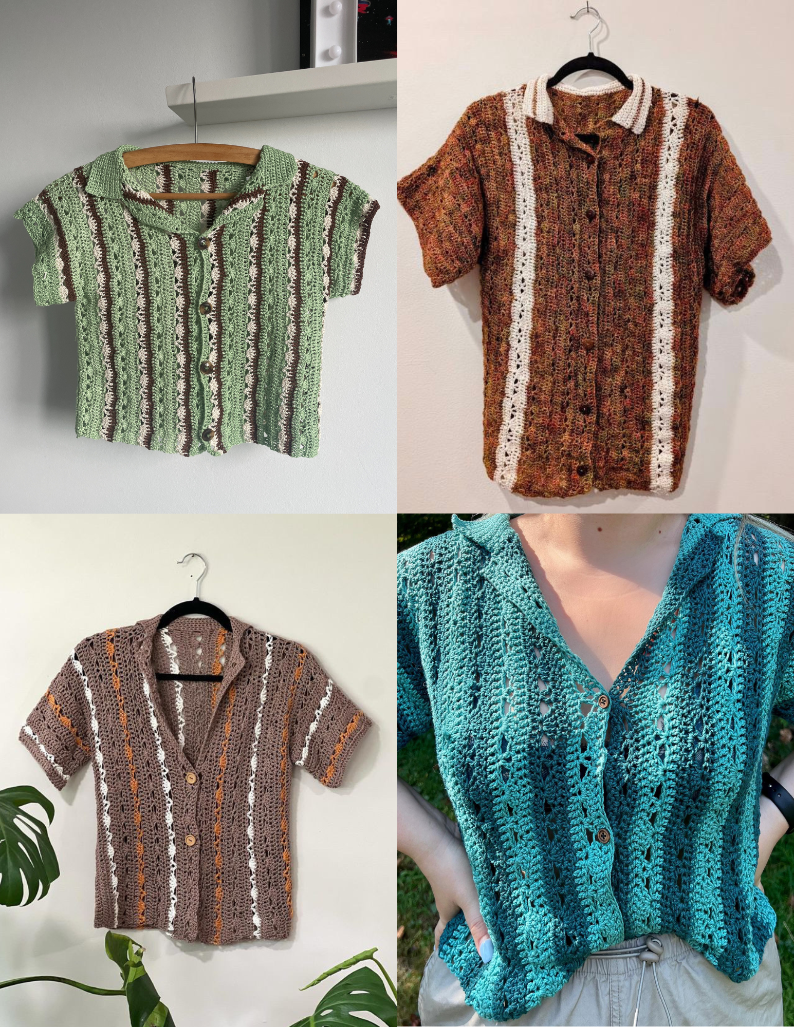 4 different colorful versions of the unisex button down crochet top pattern