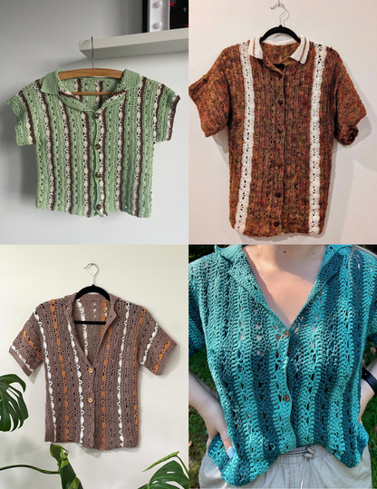4 different colorful versions of the unisex button down crochet top pattern
