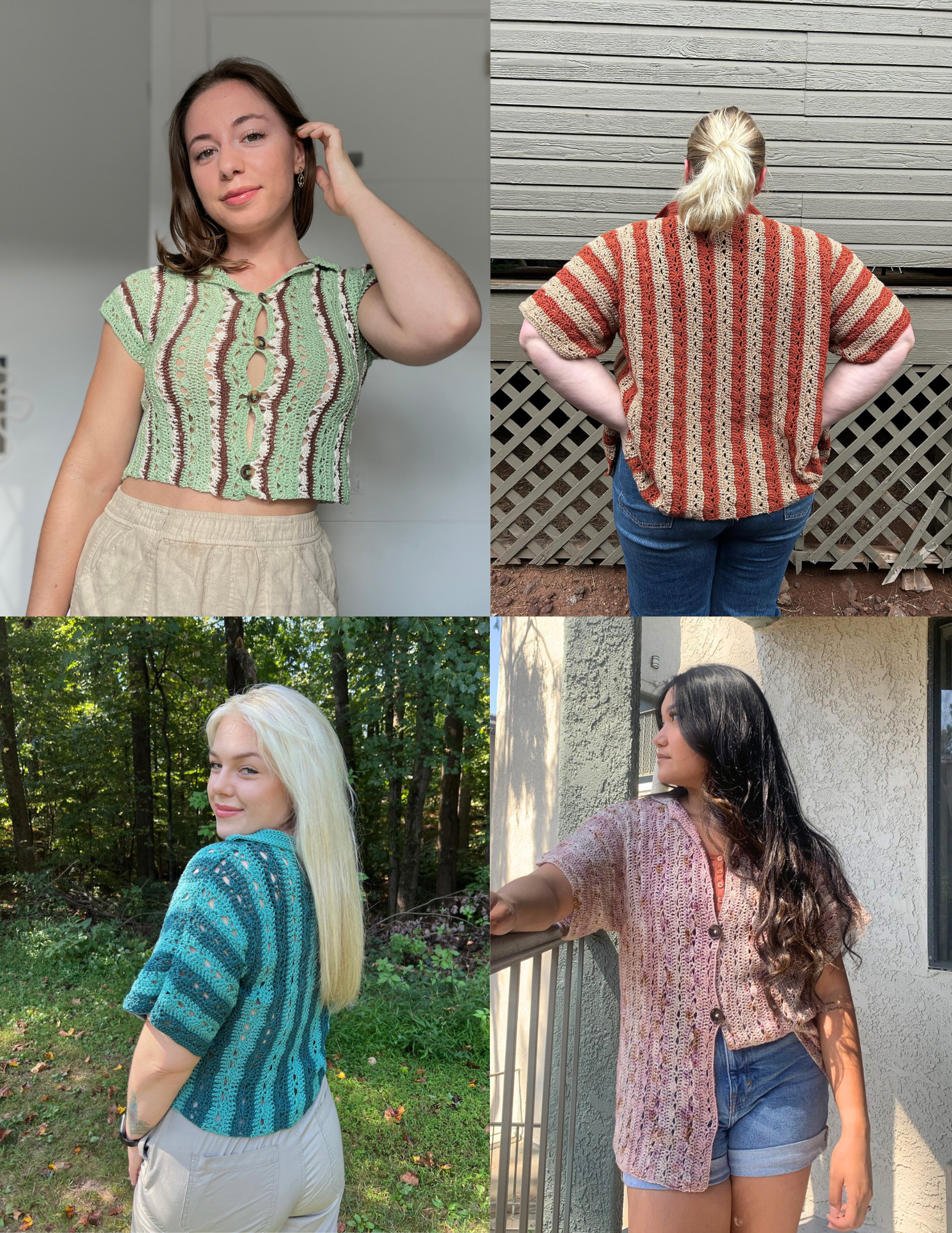 4 different colorful versions of the unisex button down crochet top pattern